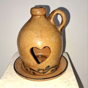 Miniature Art Pottery Little Brown Jug Tea Light Candle Holder Heart Blue Scroll